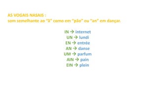 AS VOGAIS NASAIS :
som semelhante ao “ã” como em “pão” ou “an” em dançar.
IN  internet
UN  lundi
EN  entrée
AN  danse
UM  parfum
AIN  pain
EIN  plein
 