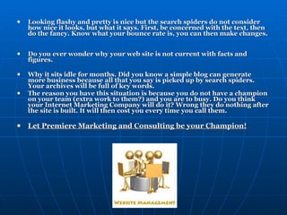 Looking flashy and pretty is nice but the search spiders do not consider how nice it looks, but what it says. First, be concerned with the text, then do the fancy. Know what your bounce rate is, you can then make changes.     Do you ever wonder why your web site is not current with facts and figures.  Why it sits idle for months. Did you know a simple blog can generate more business because all that you say is picked up by search spiders. Your archives will be full of key words.  The reason you have this situation is because you do not have a champion on your team (extra work to them?) and you are to busy. Do you think your Internet Marketing Company will do it? Wrong they do nothing after the site is built. It will then cost you every time you call them.    Let Premiere Marketing and Consulting be your Champion!   