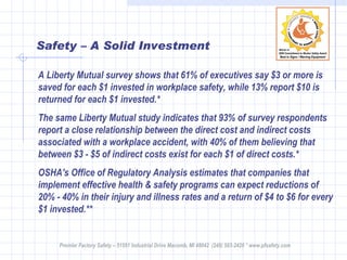 Safety – A Solid Investment A Liberty Mutual survey shows that 61% of executives say $3 or more is saved for each $1 invested in workplace safety, while 13% report $10 is returned for each $1 invested.* The same Liberty Mutual study indicates that 93% of survey respondents report a close relationship between the direct cost and indirect costs associated with a workplace accident, with 40% of them believing that between $3 - $5 of indirect costs exist for each $1 of direct costs.* OSHA's Office of Regulatory Analysis estimates that companies that implement effective health & safety programs can expect reductions of 20% - 40% in their injury and illness rates and a return of $4 to $6 for every $1 invested.** Premier Factory Safety – 51551 Industrial Drive Macomb, MI 48042  (248) 583-2420 * www.pfsafety.com 