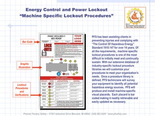 Energy Control and Power Lockout “Machine Specific Lockout Procedures” PFS has been assisting clients in preventing injuries and complying with  “The Control Of Hazardous Energy” Standard 1910.147 for over 14 years. Of all the requirements,  machine specific lockout procedures is one of the most difficult to initially meet and continually sustain. With our extensive database of industry-specific lockout procedure libraries we will customize your procedures to meet your organization's needs.  Once a procedure library is defined, PFS technicians will survey your equipment to identify all potential hazardous energy sources.  PFS will produce and install machine-specific visual placards.  Each placard is bar coded making it readily retrievable and easily updated as necessary.   Lockout Procedures and Verifications Bar Code Graphic Illustration Premier Factory Safety – 51551 Industrial Drive Macomb, MI 48042  (248) 583-2420 * www.pfsafety.com 