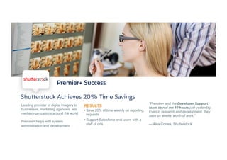 Leading provider of digital imagery to
businesses, marketing agencies, and
media organizations around the world
Premier+ helps with system
administration and development
RESULTS
• Save 20% of time weekly on reporting
requests
• Support Salesforce end-users with a
staff of one
“Premier+ and the Developer Support
team saved me 10 hours just yesterday.
Even in research and development, they
save us weeks’ worth of work.”
— Alex Correa, Shutterstock
Premier+ Success
Shutterstock Achieves 20% Time Savings
 