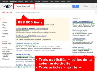 898 000 liens




         • Trois publicités + celles de la
           colonne de droite
         • Trois articles « santé »
 