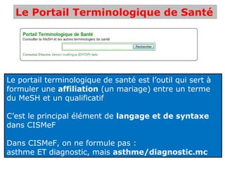 Le Portail Terminologique de Santé




Le portail terminologique de santé est l’outil qui sert à
formuler une affiliation (un mariage) entre un terme
du MeSH et un qualificatif

C’est le principal élément de langage et de syntaxe
dans CISMeF

Dans CISMeF, on ne formule pas :
asthme ET diagnostic, mais asthme/diagnostic.mc
 