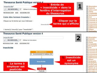 1. Entrée de
                « insecticide » dans la
                fenêtre d’interrogation
                                           1
                    du thesaurus


                           2. Cliquer sur le
                         terme qui s’affiche




                                          2


                                1. Insecticide
                                    est un
2. Le terme à                     synonyme
employer est
  pesticide
 
