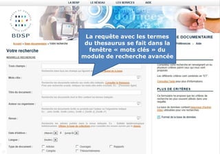 La requête avec les termes
 du thesaurus se fait dans la
  fenêtre « mots clés » du
module de recherche avancée
 