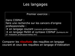 Les langages

                       Premier exercice :

  Dans CISMeF :
  faire une recherche sur les cancers d’origine
  professionnelle :
   en langage courant (cancers professionnels)
   en langage MeSH et syntaxe CISMeF (tumeurs.mr
  ET maladies professionnelles.mr)


Comparer les résultats des requêtes en langage
courant et ceux des requêtes en langage d’indexation
 