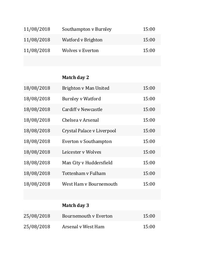 Premier League Fixtures 2018 2019