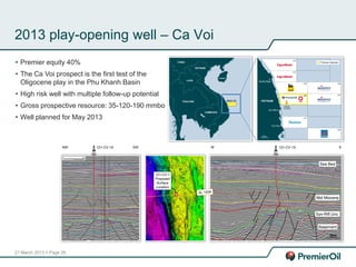 21 March 2013 // Page 26
2013 play-opening well – Ca Voi
• Premier equity 40%
• The Ca Voi prospect is the first test of the
Oligocene play in the Phu Khanh Basin
• High risk well with multiple follow-up potential
• Gross prospective resource: 35-120-190 mmbo
• Well planned for May 2013
121-CV-1X 121-CV-1XNW SW W E
Sea Bed
Mid Miocene
Syn-Rift Unc.
Basement
2km
121-CV-1
Proposed
Surface
Location
 