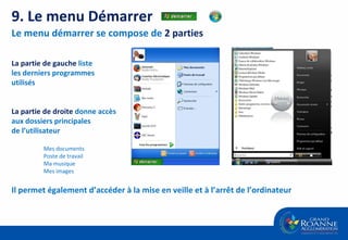 Le menu démarrer se compose de  2 parties La partie de gauche  liste les derniers programmes utilisés La partie de droite  donne accès  aux dossiers principales de l’utilisateur  Mes documents Poste de travail Ma musique Mes images Il permet également d’accéder à la mise en veille et à l’arrêt de l’ordinateur  9. Le menu Démarrer 