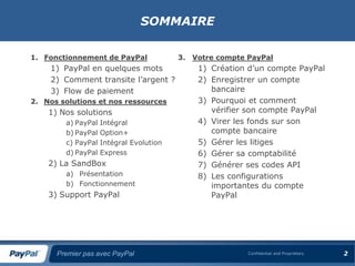 SOMMAIRE

1. Fonctionnement de PayPal              3.   Votre compte PayPal
    1) PayPal en quelques mots                 1) Création d’un compte PayPal
    2) Comment transite l’argent ?             2) Enregistrer un compte
    3) Flow de paiement                           bancaire
2. Nos solutions et nos ressources             3) Pourquoi et comment
    1) Nos solutions                              vérifier son compte PayPal
        a) PayPal   Intégral                   4) Virer les fonds sur son
        b) PayPal   Option+                       compte bancaire
        c) PayPal   Intégral Evolution         5) Gérer les litiges
        d) PayPal   Express                    6) Gérer sa comptabilité
    2) La SandBox                              7) Générer ses codes API
        a) Présentation                        8) Les configurations
        b) Fonctionnement                         importantes du compte
    3) Support PayPal                             PayPal




      Premier pas avec PayPal                              Confidential and Proprietary   2
 