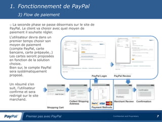 1. Fonctionnement de PayPal
     3) Flow de paiement

o La seconde phase se passe désormais sur le site de
PayPal. Le client va choisir avec quel moyen de
paiement il souhaite régler.
L’utilisateur devra dans un
premier temps choisir son
moyen de paiement
(compte PayPal, carte
bancaire, carte prépayée..)
Les cartes seront proposées
en fonction de la solution
choisie.
Bien sur, le compte PayPal
sera systématiquement
proposé.

Un résumé s’en
suit, l’utilisateur
confirme et sera
redirigé sur le site
marchand.




           Premier pas avec PayPal                     Confidential and Proprietary   7
 