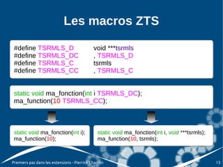 Les macros ZTS

 #define TSRMLS_D
 #define TSRMLS_D                            void ***tsrmls
                                              void ***tsrmls
 #define TSRMLS_DC
 #define TSRMLS_DC                           ,, TSRMLS_D
                                                TSRMLS_D
 #define TSRMLS_C
 #define TSRMLS_C                            tsrmls
                                              tsrmls
 #define TSRMLS_CC
 #define TSRMLS_CC                           ,, TSRMLS_C
                                                TSRMLS_C


 static void ma_fonction(int ii TSRMLS_DC);
 static void ma_fonction(int TSRMLS_DC);
 ma_function(10 TSRMLS_CC);
 ma_function(10 TSRMLS_CC);



 static void ma_fonction(int i);
 static void ma_fonction(int i);               static void ma_fonction(int i, void ***tsrmls);
                                               static void ma_fonction(int i, void ***tsrmls);
 ma_function(10);
 ma_function(10);                              ma_function(10, tsrmls);
                                               ma_function(10, tsrmls);



Premiers pas dans les extensions - Pierrick Charron                                              13
 