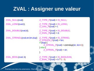 ZVAL : Assigner une valeur
 ZVAL_NULL(zval);
 ZVAL_NULL(zval);                            Z_TYPE_P(zval) = IS_NULL;
                                             Z_TYPE_P(zval) = IS_NULL;
 ZVAL_LONG(zval,l);
 ZVAL_LONG(zval,l);                          Z_TYPE_P(zval) = IS_LONG;
                                             Z_TYPE_P(zval) = IS_LONG;
                                             Z_LVAL_P(zval) = l;
                                             Z_LVAL_P(zval) = l;
 ZVAL_DOUBLE(zval,d);
 ZVAL_DOUBLE(zval,d);                        Z_TYPE_P(zval) = IS_DOUBLE;
                                             Z_TYPE_P(zval) = IS_DOUBLE;
                                             Z_DVAL_P(zval) = d;
                                             Z_DVAL_P(zval) = d;

 ZVAL_STRINGL(zval,str,len,dup) Z_TYPE_P(zval) = IS_STRING;
 ZVAL_STRINGL(zval,str,len,dup) Z_TYPE_P(zval) = IS_STRING;
                                Z_STRLEN_P(zval) = len;
                                 Z_STRLEN_P(zval) = len;
                                if (dup) {{
                                 if (dup)
                                      Z_STRVAL_P(zval) = estrndup(str, len+1);
                                       Z_STRVAL_P(zval) = estrndup(str, len+1);
                                }} else {{
                                   else
                                      Z_STRVAL_P(zval) = str;
                                       Z_STRVAL_P(zval) = str;
                                }}

 ZVAL_BOOL(zval, b)
 ZVAL_BOOL(zval, b)                          Z_TYPE_P(zval) = IS_BOOLEAN;
                                             Z_TYPE_P(zval) = IS_BOOLEAN;
                                             Z_BVAL_P(zval) = b ? 1 :: 0;
                                             Z_BVAL_P(zval) = b ? 1 0;



Premiers pas dans les extensions - Pierrick Charron                               24
 