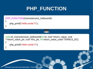 PHP_FUNCTION
PHP_FUNCTION(monextension_helloworld)
 PHP_FUNCTION(monextension_helloworld)
{{
   php_printf("Hello world !!!");
    php_printf("Hello world !!!");
}}



void zif_monextension_helloworld(int ht, zval *return_value, zval
 void zif_monextension_helloworld(int ht, zval *return_value, zval
**return_value_ptr, zval *this_ptr, int return_value_used TSRMLS_DC)
 **return_value_ptr, zval *this_ptr, int return_value_used TSRMLS_DC)
{{
     php_printf("Hello world !!!");
     php_printf("Hello world !!!");
}}




Premiers pas dans les extensions - Pierrick Charron                     39
 