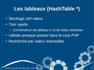 Les tableaux (HashTable *)
●   Stockage clef valeur
●   Très rapide
      ●   Combinaison de tableau C et de listes chaînées
●   Utilisés presque partout dans le corp PHP
●   Recherche par valeur impossible




Premiers pas dans les extensions - Pierrick Charron        46
 