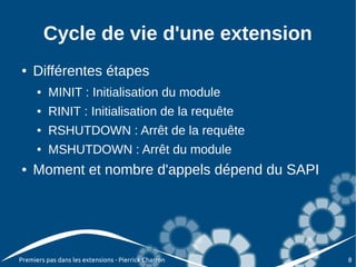 Cycle de vie d'une extension
●   Différentes étapes
      ●   MINIT : Initialisation du module
      ●   RINIT : Initialisation de la requête
      ●   RSHUTDOWN : Arrêt de la requête
      ●   MSHUTDOWN : Arrêt du module
●   Moment et nombre d'appels dépend du SAPI




Premiers pas dans les extensions - Pierrick Charron   8
 