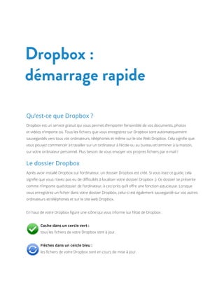 Dropbox :
démarrage rapide
Qu’est-ce que Dropbox ?
Dropbox est un service gratuit qui vous permet d’emporter l’ensemble de vos documents, photos
et vidéos n’importe où. Tous les fichiers que vous enregistrez sur Dropbox sont automatiquement
sauvegardés vers tous vos ordinateurs, téléphones et même sur le site Web Dropbox. Cela signifie que
vous pouvez commencer à travailler sur un ordinateur à l’école ou au bureau et terminer à la maison,
sur votre ordinateur personnel. Plus besoin de vous envoyer vos propres fichiers par e-mail !

Le dossier Dropbox
Après avoir installé Dropbox sur l’ordinateur, un dossier Dropbox est créé. Si vous lisez ce guide, cela
signifie que vous n’avez pas eu de difficultés à localiser votre dossier Dropbox :). Ce dossier se présente
comme n’importe quel dossier de l’ordinateur, à ceci près qu’il offre une fonction astucieuse. Lorsque
vous enregistrez un fichier dans votre dossier Dropbox, celui-ci est également sauvegardé sur vos autres
ordinateurs et téléphones et sur le site web Dropbox.
En haut de votre Dropbox figure une icône qui vous informe sur l’état de Dropbox :
	

Coche dans un cercle vert :
tous les fichiers de votre Dropbox sont à jour.

	

Flèches dans un cercle bleu :
les fichiers de votre Dropbox sont en cours de mise à jour.

 