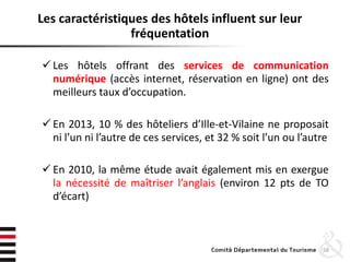 58
Les caractéristiques des hôtels influent sur leur
fréquentation
 Les hôtels offrant des services de communication
numérique (accès internet, réservation en ligne) ont des
meilleurs taux d’occupation.
 En 2013, 10 % des hôteliers d’Ille-et-Vilaine ne proposait
ni l’un ni l’autre de ces services, et 32 % soit l’un ou l’autre
 En 2010, la même étude avait également mis en exergue
la nécessité de maîtriser l’anglais (environ 12 pts de TO
d’écart)
 