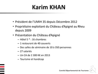 Karim KHAN
• Président de l’UMIH 35 depuis Décembre 2012
• Propriétaire exploitant du Château d’Apigné au Rheu
depuis 2009
• Présentation du Château d’Apigné
– Hôtel 5 * : 16 chambres
– 1 restaurant de 40 couverts
– Des salles de séminaire de 10 à 350 personnes
– 27 salariés
– Un CA de 2 300 K€ en 2013
– Tourisme et handicap
76
 