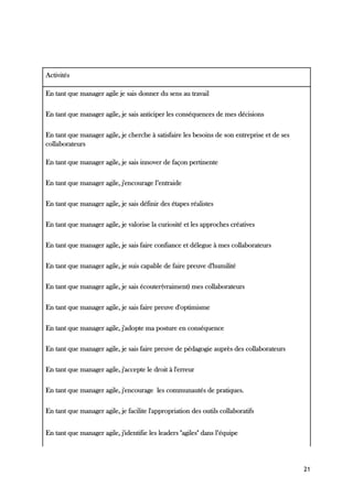 21
Activités
En tant que manager agile je sais donner du sens au travail
En tant que manager agile, je sais anticiper les conséquences de mes décisions
En tant que manager agile, je cherche à satisfaire les besoins de son entreprise et de ses
collaborateurs
En tant que manager agile, je sais innover de façon pertinente
En tant que manager agile, j'encourage l’entraide
En tant que manager agile, je sais définir des étapes réalistes
En tant que manager agile, je valorise la curiosité et les approches créatives
En tant que manager agile, je sais faire confiance et délegue à mes collaborateurs
En tant que manager agile, je suis capable de faire preuve d'humilité
En tant que manager agile, je sais écouter(vraiment) mes collaborateurs
En tant que manager agile, je sais faire preuve d'optimisme
En tant que manager agile, j'adopte ma posture en conséquence
En tant que manager agile, je sais faire preuve de pédagogie auprès des collaborateurs
En tant que manager agile, j'accepte le droit à l'erreur
En tant que manager agile, j'encourage les communautés de pratiques.
En tant que manager agile, je facilite l'appropriation des outils collaboratifs
En tant que manager agile, j'identifie les leaders "agiles" dans l’équipe
 