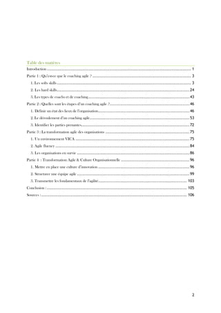 2
Table des matières
Introduction ..................................................................................................... 1
Partie 1 : Qu’est-ce que le coaching agile ? ..................................................................... 3
1. Les softs skills .............................................................................................. 3
2. Les hard skills.............................................................................................24
3. Les types de coachs et de coaching.......................................................................43
Partie 2 : Quelles sont les étapes d’un coaching agile ?........................................................46
1. Définir un état des lieux de l’organisation................................................................46
2. Le déroulement d’un coaching agile......................................................................53
3. Identifier les parties prenantes............................................................................72
Partie 3 : La transformation agile des organisations ...........................................................75
1. Un environnement VICA ................................................................................75
2. Agile fluency ..............................................................................................84
3. Les organisations en survie ...............................................................................86
Partie 4 : Transformation Agile & Culture Organisationnelle ................................................96
1. Mettre en place une culture d’innovation ................................................................96
2. Structurer une équipe agile ...............................................................................99
3. Transmettre les fondamentaux de l’agilité.............................................................. 103
Conclusion : .................................................................................................. 105
Sources :...................................................................................................... 106
 