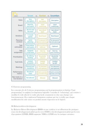 38
C) Extreme programming
Les concepts clés de l’extreme programming sont la programmation en binôme (“pair
programming” en anglais), la réingénierie logicielle c’est-à-dire le “refactoring”, qui consiste à
modifier le code afin de le rendre plus facile à maintenir et à lire sans changer son
fonctionnement. On a également l’intégration continue qui vise à vérifier que chaque
modification de code source ne produit aucune régression sur le logiciel.
D) Behavior-driven development
Le Behavior Driven Development (BDD) est une synthèse et un affinement des pratiques
issues du développement piloté par les tests (TDD) et du développement piloté par les tests
d'acceptation (ATDD). BDD augmente TDD et ATDD avec les tactiques suivantes:
 