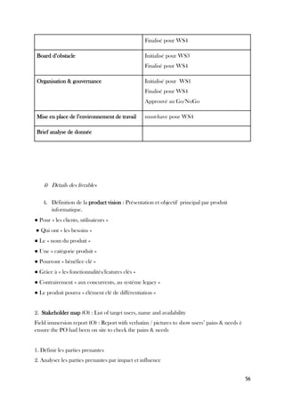 56
Finalisé pour WS4
Board d’obstacle Initialisé pour WS3
Finalisé pour WS4
Organisation & gouvernance Initialisé pour WS1
Finalisé pour WS4
Approuvé au Go/NoGo
Mise en place de l’environnement de travail must-have pour WS4
Brief analyse de donnée
4) Détails des livrables
4. Définition de la product vision : Présentation et objectif principal par produit
informatique.
● Pour « les clients, utilisateurs »
● Qui ont « les besoins »
● Le « nom du produit »
● Une « catégorie produit »
● Pourront « bénéfice clé »
● Grâce à « les fonctionnalités/features clés »
● Contrairement « aux concurrents, au système legacy »
● Le produit pourra « élément clé de différentiation »
2. Stakeholder map (O) : List of target users, name and availability
Field immersion report (O) : Report with verbatim / pictures to show users’ pains & needs è
ensure the PO had been on site to check the pains & needs
1. Définir les parties prenantes
2. Analyser les parties prenantes par impact et influence
 