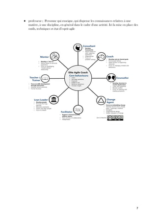 7
● professeur ; Personne qui enseigne, qui dispense les connaissances relatives à une
matière, à une discipline, en général dans le cadre d'une activité. Ici la mise en place des
outils, techniques et état d’esprit agile
 