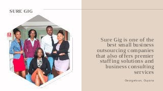 Sure Gig is one of the
best small business
outsourcing companies
that also offers premier
staffing solutions and
business consulting
services
Georgetown, Guyana
SURE GIG
 