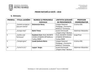 Activitatea nr. 3 din cadrul proiectului „Ia atitudine!”, înscris în CAEN 2018
PREMII NATURĂ ȘI VIAȚĂ – 2018
b. Gimnaziu:
...