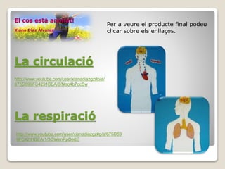 La circulació
La respiració
http://www.youtube.com/user/xianadiazgz#p/a/
675D699FC4291BEA/0/Ntro4b7ocSw
http://www.youtube.com/user/xianadiazgz#p/a/675D69
9FC4291BEA/1/3GWenRpDe8E
Per a veure el producte final podeu
clicar sobre els enllaços.
El cos està animat!
Xiana Díaz Álvarez
 