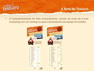 A Rota do TesouroO acompanhamento foi feito semanalmente, através de envio de e-mail marketing com um ranking no qual o desempenho da equipe foi medido.