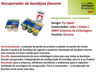 Recuperador de bandejas Danone Design:  Fly Jabuti Convertedor:  Jofer / Klabin / MWV Sistemas de Embalagens Usuário:  Danone Contextualização:  resolução da perda de produto acabado no ponto-de-venda devido à quebra de bandejas de iogurte e posterior devolução do produto mesmo este estando em bom estado para consumo. Desafio:  desenvolvimento de uma embalagem única para que todas as bandejas fossem recuperadas, independente da configuração da bandeja, para 4, 6 ou 8 potes Resultado:  para a empresa, eficiência econômica e ambiental, para o repositor – facilidade de montagem do recuperador. Para o consumidor – o recuperador de bandeja serve como uma alça. Design Estrutural – Funcionalidade 