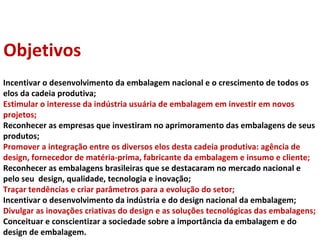 Incentivar o desenvolvimento da embalagem nacional e o crescimento de todos os elos da cadeia produtiva; Estimular o interesse da indústria usuária de embalagem em investir em novos projetos; Reconhecer as empresas que investiram no aprimoramento das embalagens de seus produtos; Promover a integração entre os diversos elos desta cadeia produtiva: agência de design, fornecedor de matéria-prima, fabricante da embalagem e insumo e cliente; Reconhecer as embalagens brasileiras que se destacaram no mercado nacional e pelo seu  design, qualidade, tecnologia e inovação; Traçar tendências e criar parâmetros para a evolução do setor; Incentivar o desenvolvimento da indústria e do design nacional da embalagem; Divulgar as inovações criativas do design e as soluções tecnológicas das embalagens; Conceituar e conscientizar a sociedade sobre a importância da embalagem e do design de embalagem. Objetivos 
