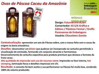 Design:  FutureBrand BC&H Convertedor:  43 S/A Gráfica e Editora / Plásticos Formar / Graffo Paranaense de Embalagens Usuário:  Chocolates Garoto Contextualização:  apresentar um ovo de Páscoa nobre, com a massa feita com o cacau de origem na bacia amazônica. Desafios:  desenvolver um  blister  que pudesse ser incorporado no cartucho permitindo a visualização do conteúdo, formando um conjunto atraente e harmonioso. Desenvolvimento de cartucho expositivo para produto premium que destaca o formato da fruta cacau. Alta qualidade de impressão com uso de recursos como:  impressão na face interna,  hot stamping , laminação fosca e detalhes impressos em UV. Resultado:  o conceito foi bem aceito e sua performance na Páscoa foi muito boa, vendendo 100% do volume produzido. Ovos de Páscoa Cacau da Amazônia   MÓDULO EMBALAGEM 