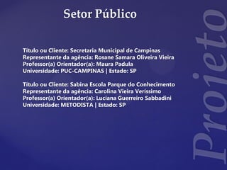 Setor Público
Título ou Cliente: Secretaria Municipal de Campinas
Representante da agência: Rosane Samara Oliveira Vieira
Professor(a) Orientador(a): Maura Padula
Universidade: PUC-CAMPINAS | Estado: SP
Título ou Cliente: Sabina Escola Parque do Conhecimento
Representante da agência: Carolina Vieira Veríssimo
Professor(a) Orientador(a): Luciana Guerreiro Sabbadini
Universidade: METODISTA | Estado: SP
 