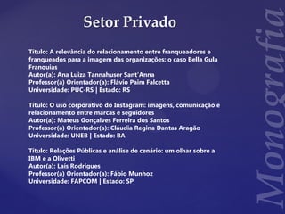 Setor Privado
Título: A relevância do relacionamento entre franqueadores e
franqueados para a imagem das organizações: o caso Bella Gula
Franquias
Autor(a): Ana Luiza Tannahuser Sant'Anna
Professor(a) Orientador(a): Flávio Paim Falcetta
Universidade: PUC-RS | Estado: RS
Título: O uso corporativo do Instagram: imagens, comunicação e
relacionamento entre marcas e seguidores
Autor(a): Mateus Gonçalves Ferreira dos Santos
Professor(a) Orientador(a): Cláudia Regina Dantas Aragão
Universidade: UNEB | Estado: BA
Título: Relações Públicas e análise de cenário: um olhar sobre a
IBM e a Olivetti
Autor(a): Laís Rodrigues
Professor(a) Orientador(a): Fábio Munhoz
Universidade: FAPCOM | Estado: SP
 