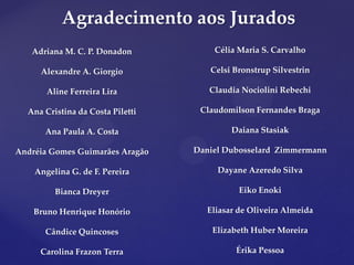 Agradecimento aos Jurados
Adriana M. C. P. Donadon
Alexandre A. Giorgio
Aline Ferreira Lira
Ana Cristina da Costa Piletti
Ana Paula A. Costa
Andréia Gomes Guimarães Aragão
Angelina G. de F. Pereira
Bianca Dreyer
Bruno Henrique Honório
Cândice Quincoses
Carolina Frazon Terra
Célia Maria S. Carvalho
Celsi Bronstrup Silvestrin
Claudia Nociolini Rebechi
Claudomilson Fernandes Braga
Daiana Stasiak
Daniel Dubosselard Zimmermann
Dayane Azeredo Silva
Eiko Enoki
Eliasar de Oliveira Almeida
Elizabeth Huber Moreira
Érika Pessoa
 