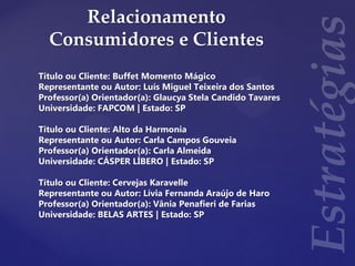 Relacionamento
Consumidores e Clientes
Título ou Cliente: Buffet Momento Mágico
Representante ou Autor: Luís Miguel Teixeira dos Santos
Professor(a) Orientador(a): Glaucya Stela Candido Tavares
Universidade: FAPCOM | Estado: SP
Título ou Cliente: Alto da Harmonia
Representante ou Autor: Carla Campos Gouveia
Professor(a) Orientador(a): Carla Almeida
Universidade: CÁSPER LÍBERO | Estado: SP
Título ou Cliente: Cervejas Karavelle
Representante ou Autor: Lívia Fernanda Araújo de Haro
Professor(a) Orientador(a): Vânia Penafieri de Farias
Universidade: BELAS ARTES | Estado: SP
 