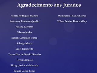Agradecimento aos Jurados
Renato Rodrigues Martins
Rosemary Tonhosolo Jordão
Rosane Barberan
Silvana Nader
Simone Antoniaci Tuzzo
Solange Moura
Suzel Figueiredo
Teresa Dias de Toledo Pitombo
Teresa Sampaio
Thiago José V. de Miranda
Valéria Castro Lopes
Wellington Teixeira Lisboa
Wilma Pereira Tinoco Vilaça
 