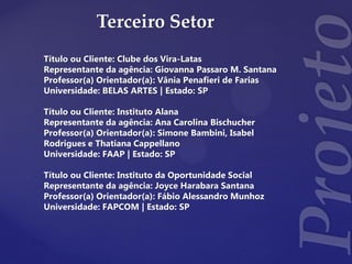 Terceiro Setor
Título ou Cliente: Clube dos Vira-Latas
Representante da agência: Giovanna Passaro M. Santana
Professor(a) Orientador(a): Vânia Penafieri de Farias
Universidade: BELAS ARTES | Estado: SP
Título ou Cliente: Instituto Alana
Representante da agência: Ana Carolina Bischucher
Professor(a) Orientador(a): Simone Bambini, Isabel
Rodrigues e Thatiana Cappellano
Universidade: FAAP | Estado: SP
Título ou Cliente: Instituto da Oportunidade Social
Representante da agência: Joyce Harabara Santana
Professor(a) Orientador(a): Fábio Alessandro Munhoz
Universidade: FAPCOM | Estado: SP
 