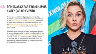 Tivemos ações nas plataformas digitais que incluíram a produção
de conteúdo e, principalmente, inﬂuenciadores, como a apresentadora
da MTV Maria Eugênia (Mareu) e a atriz Fiorella Mattheis, embaixadoras
do Onix no evento. A cobertura em tempo real do no Twitter foi feita
por @danielsemanas, @encolhiaspessoas, @issaozera, @marcelonava,
@nanaths e @danielcajal, utilizando as hashtags #OnixDay e
#OnixnoLollaBR.
 
A divulgação contou, ainda, com um ﬁlme de TV e veiculação de ﬂashes
do evento na Globo, além de blitz em rádios e a atriz Giovanna Grigio, junto
com as inﬂuenciadoras Bruna Louise e Luisa Sonza e o cantor Jão Music,
sorteando ingressos em suas redes sociais. Para completar, um trem
da linha CPTM - uma das principais formas de acesso ao festival - foi
envelopado com uma grande imagem de um Onix, e estações de trem
da capital paulista foram adesivadas.
DEMOS AS CARAS E DOMINAMOS
A ATENÇÃO DO EVENTO
 