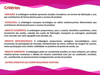  Critérios INOVAÇÃO: A embalagem avaliada apresenta soluções inovadoras, em termos de fabricação e uso, que contribuíram de forma decisiva para o sucesso do produto.