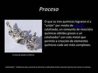 ProcesoO que os tres químicos lograron é a "unión" por medio de paladio catalizado, un conxunto de reaccións químicas obtidasgrazas a un catalizador1con este metal que permite a creación de elementos químicos cada vez máiscomplexos.Cristais de paladio sintéticosCatalizador1 : Substancia que aumenta ou diminúe a velocidade dunhareacción química senactuar na mesma.