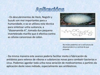 Aplicacións      - Os descubrimentos de Heck, Negishi y Suzuki sonmoi importantes para a humanidade, e xa se utilizou esta técnica para sintetizar unha sustancia, a "diazonamida A", tomada dun pequeno invertebrado mariño que é efectiva contra as células cancerosas de colon.Na imaxe podemos ver a estructura da diazonamida A e o animal do que procede.- Da misma maneira este avance podería facilitar moito á fabricación de antídotos para velenos de víboras e substancias novas para combatirbacterias e virus. Podemos agardar toda unha nova xeración de medicamentos a partires da aplicación deste novo método, especialmente aos antíbioticos.