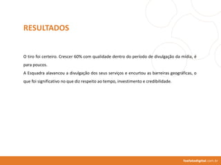 O tiro foi certeiro. Crescer 60% com qualidade dentro do período de divulgação da mídia, é
para poucos.
A Esquadra alavancou a divulgação dos seus serviços e encurtou as barreiras geográficas, o
que foi significativo no que diz respeito ao tempo, investimento e credibilidade.
fosfatodigital.com.br
RESULTADOS
 