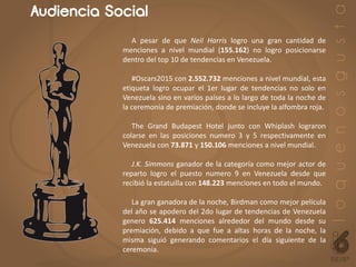 Audiencia Social
A pesar de que Neil Harris logro una gran cantidad de
menciones a nivel mundial (155.162) no logro posicionarse
dentro del top 10 de tendencias en Venezuela.
#Oscars2015 con 2.552.732 menciones a nivel mundial, esta
etiqueta logro ocupar el 1er lugar de tendencias no solo en
Venezuela sino en varios países a lo largo de toda la noche de
la ceremonia de premiación, donde se incluye la alfombra roja.
The Grand Budapest Hotel junto con Whiplash lograron
colarse en las posiciones numero 3 y 5 respectivamente en
Venezuela con 73.871 y 150.106 menciones a nivel mundial.
J.K. Simmons ganador de la categoría como mejor actor de
reparto logro el puesto numero 9 en Venezuela desde que
recibió la estatuilla con 148.223 menciones en todo el mundo.
La gran ganadora de la noche, Birdman como mejor película
del año se apodero del 2do lugar de tendencias de Venezuela
genero 625.414 menciones alrededor del mundo desde su
premiación, debido a que fue a altas horas de la noche, la
misma siguió generando comentarios el día siguiente de la
ceremonia.
 