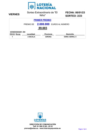 VIERNES
FECHA: 06/01/23
SORTEO: 2/23
DIRECCIÓN DE COMUNICACIÓN
Telf: 91 596 23 90 - 25 23
prensa@selae.es - www.loteriasya...