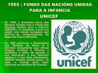 1965 :  FONDO DAS NACIÓNS UNIDAS PARA A INFANCIA UNICEF  En 1946, a Asemblea Xeral das Nacións Unidas crea o Fondo das Nacións Unidas para a Infancia (UNICEF). O propósito inicial era asistir aos nenos europeos que sufriron as  consecuencias  da Segunda Guerra Mundial.  En 1959 publícase a Declaración dos Dereitos do Neno. É o primeiro documento que ofrece amparo xurídico á infancia e establece o deber de garantir a súa educación, a súa atención médica e a súa dieta alimentaria: UNICEF traballa, dende entón,  en todo o mundo para facer efectivos os dereitos da infancia. 
