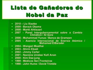 Lista de Gañadores do Nobel da Paz 2010 – Liu Xiaobo 2009 - Barack Obama 2008 - Martti Ahtisaari 2007 - Panel Intergubernamental sobre o Cambio  Climático / Al Gore 2006 - Muhammad Yunus / Banco de Grameen 2005 - Axencia Internacional de Enerxía Atómica /  Mohamed ElBaradei 2004 - Wangari Maathai 2003 - Shirin Ebadi 2002 - Jimmy Carter  2001 - Nacións Unidas/ Kofi Anan 2000 - Kim Dae-jung 1999 - Médicos Sen Fronteiras 1998 - John Hume / David Trimble     